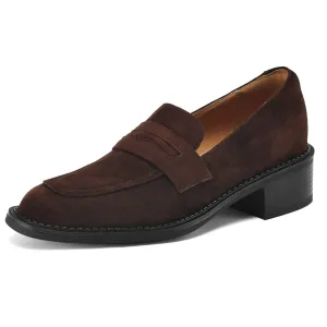 Women's Suede Handmade Block Low Heeled Penny Loafers