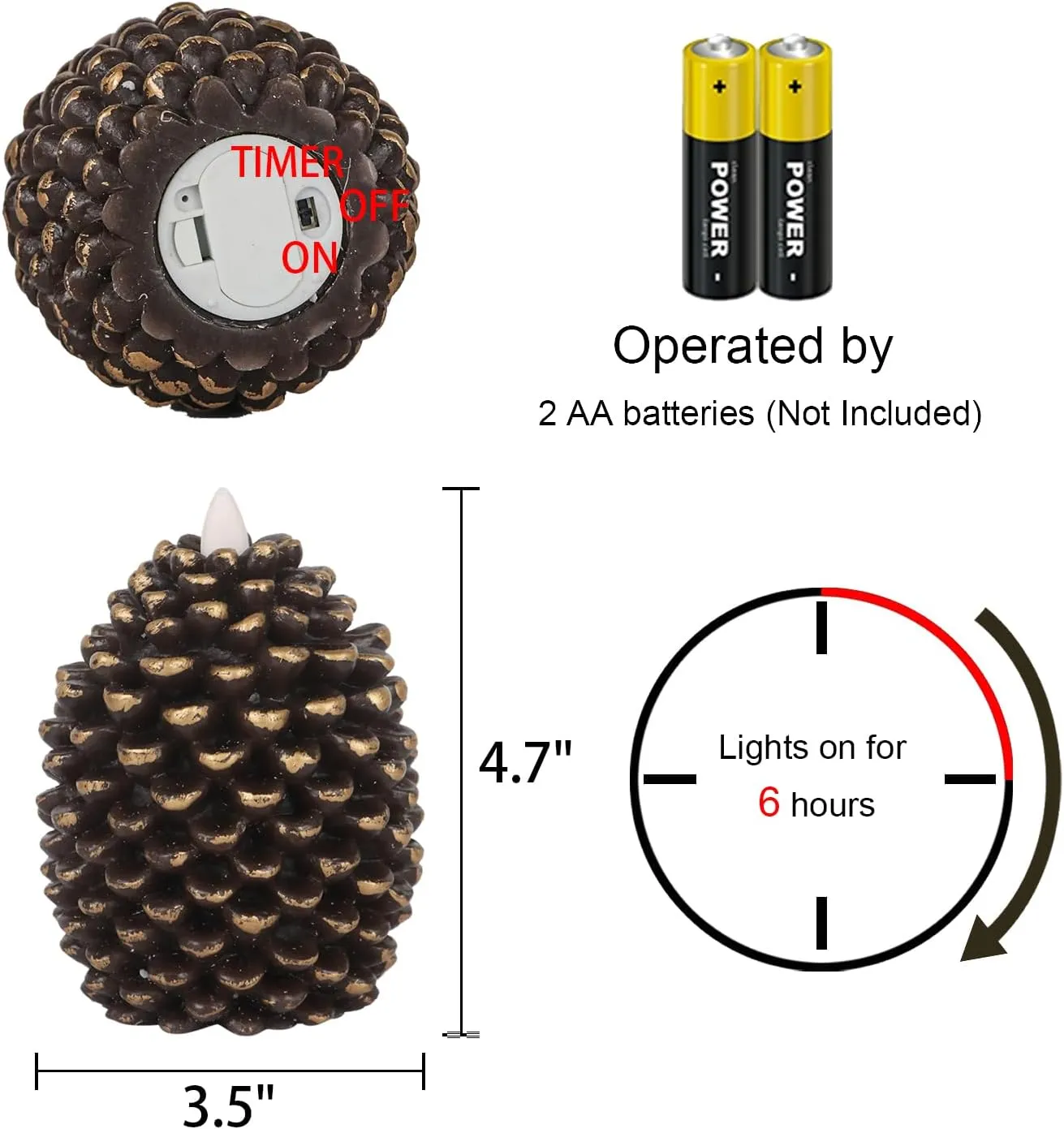 Wondise Flameless Candles with Timer, Battery Operated Flickering Wick Real Wax Pine Cone Candles for Holiday Indoor Decoration, Set of 2, Brown(D3.5 x H4.7 Inch)