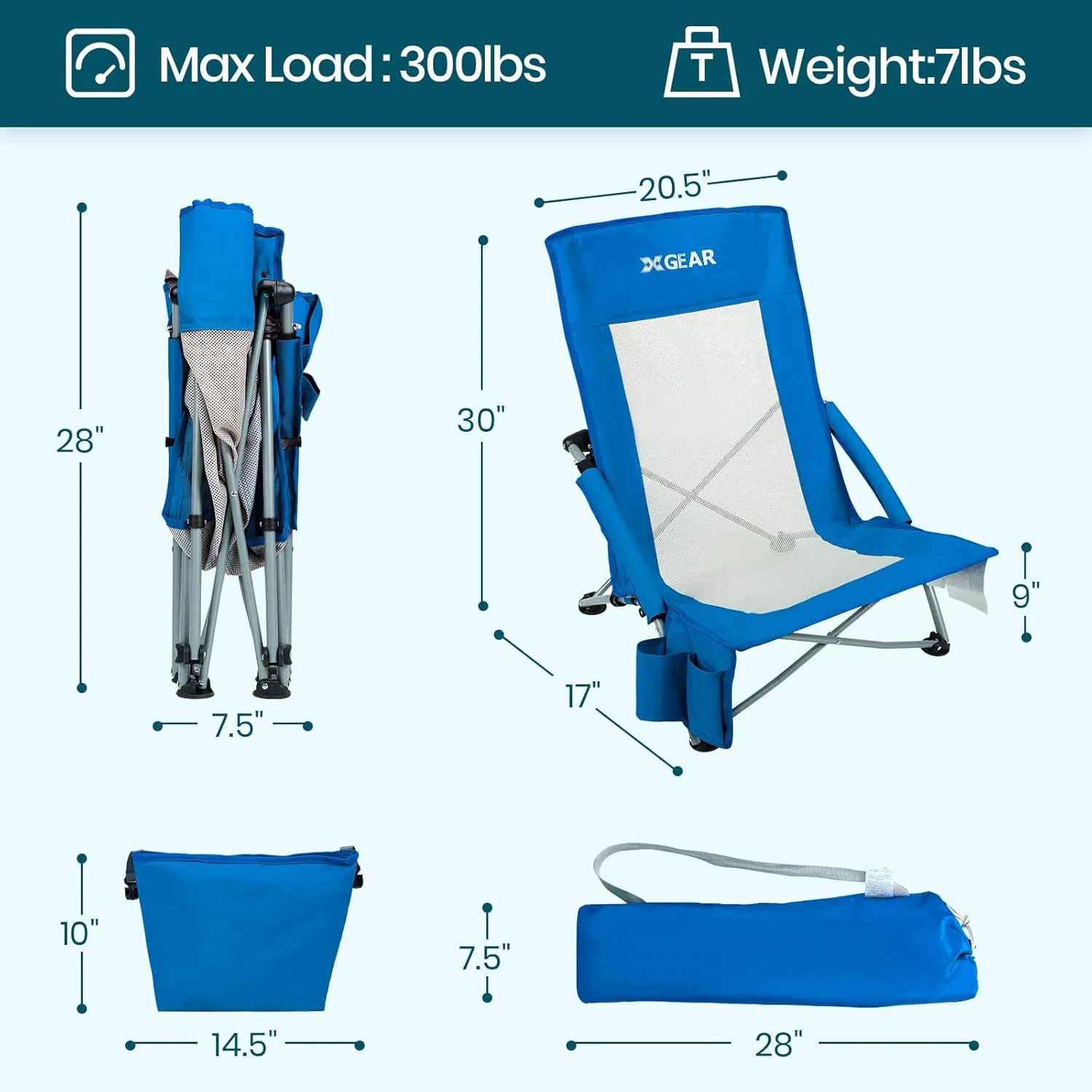 XGEAR High Back Folding Beach Chair with Detachable Cooler Bag Camping Chair Mesh Back Sand Chair for Beach, Lawn, Camping, Travel, Support Up to 350 lbs 2pc
