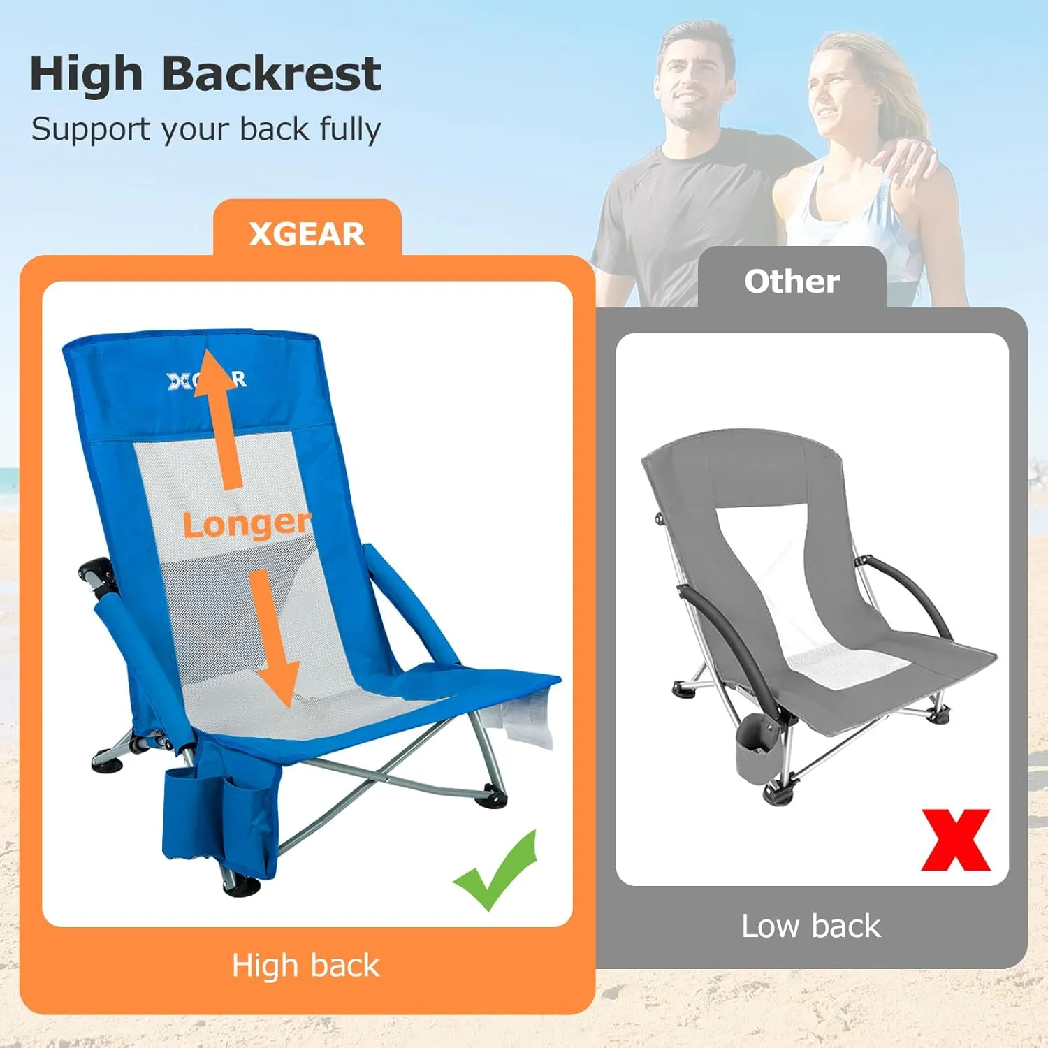 XGEAR High Back Folding Beach Chair with Detachable Cooler Bag Camping Chair Mesh Back Sand Chair for Beach, Lawn, Camping, Travel, Support Up to 350 lbs 2pc