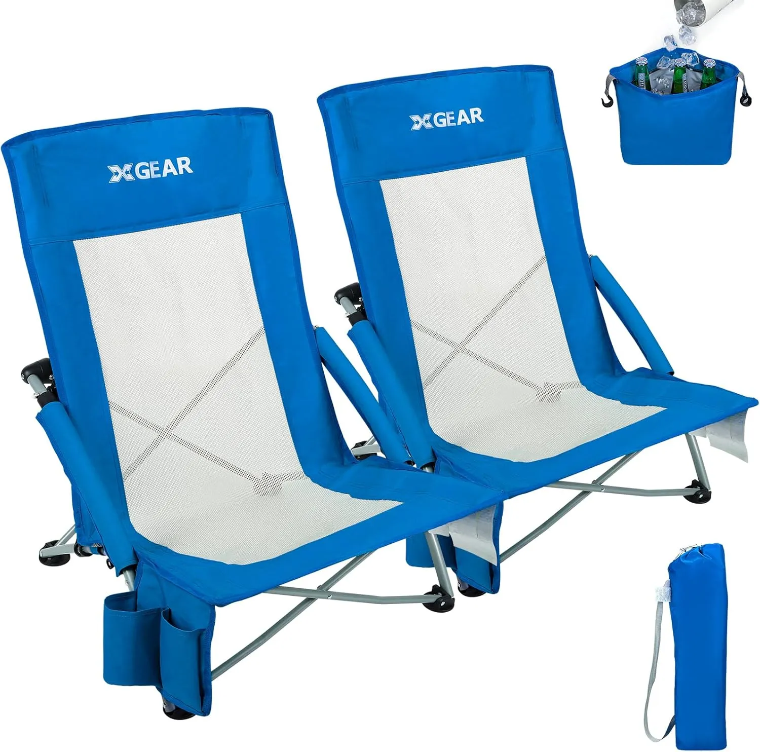 XGEAR High Back Folding Beach Chair with Detachable Cooler Bag Camping Chair Mesh Back Sand Chair for Beach, Lawn, Camping, Travel, Support Up to 350 lbs 2pc