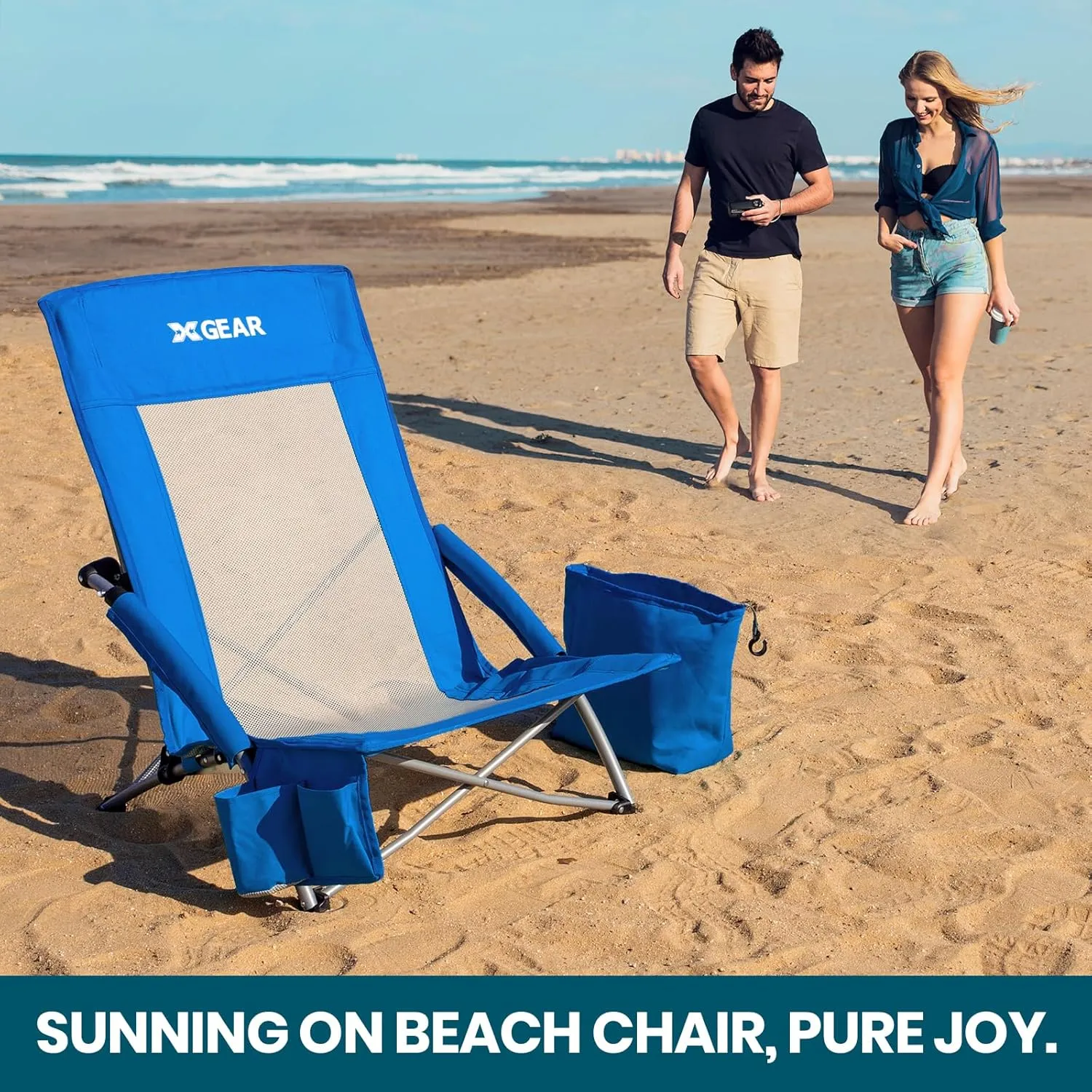 XGEAR High Back Folding Beach Chair with Detachable Cooler Bag Camping Chair Mesh Back Sand Chair for Beach, Lawn, Camping, Travel, Support Up to 350 lbs 2pc