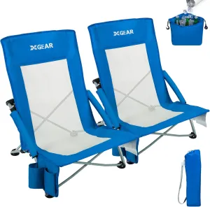 XGEAR High Back Folding Beach Chair with Detachable Cooler Bag Camping Chair Mesh Back Sand Chair for Beach, Lawn, Camping, Travel, Support Up to 350 lbs 2pc