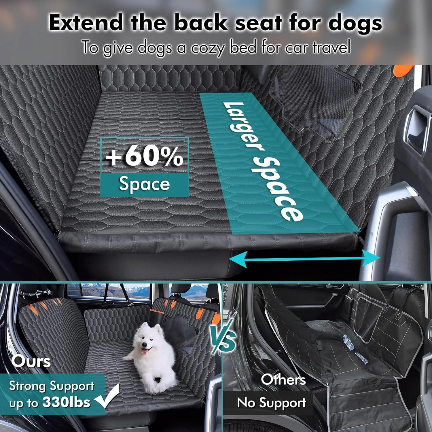 XL Back Seat Extender for Dogs-Supports 400lb,Waterproof Dog Car Seat Cover Hard Bottom-Detachable,600D Heavy Duty Scratch Proof Nonslip Soft,Dog Hammock for Car,SUVs