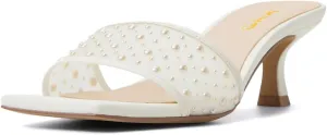 XYD Women Wedding Pearls Mules Kitten Low Heel Open Square Toe Mesh Slide Sandals Slip-on Comfort Dress Shoes