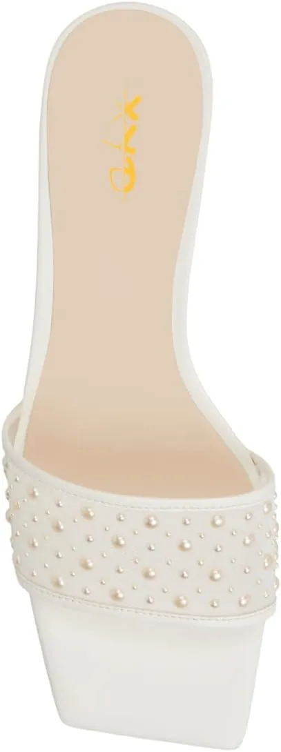 XYD Women Wedding Pearls Mules Kitten Low Heel Open Square Toe Mesh Slide Sandals Slip-on Comfort Dress Shoes