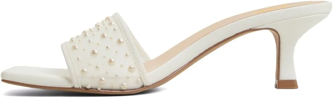 XYD Women Wedding Pearls Mules Kitten Low Heel Open Square Toe Mesh Slide Sandals Slip-on Comfort Dress Shoes