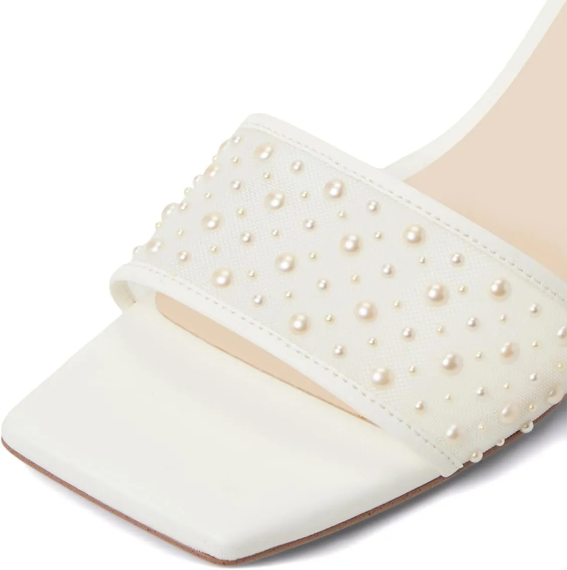 XYD Women Wedding Pearls Mules Kitten Low Heel Open Square Toe Mesh Slide Sandals Slip-on Comfort Dress Shoes