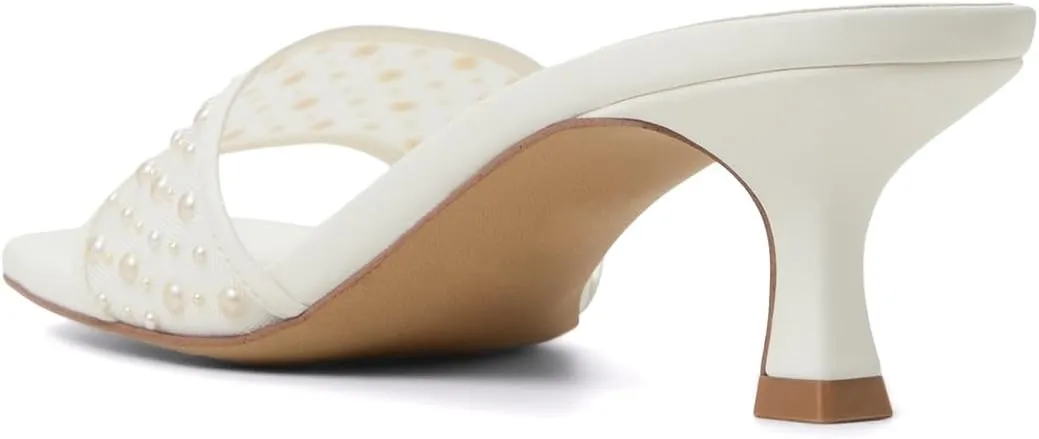 XYD Women Wedding Pearls Mules Kitten Low Heel Open Square Toe Mesh Slide Sandals Slip-on Comfort Dress Shoes