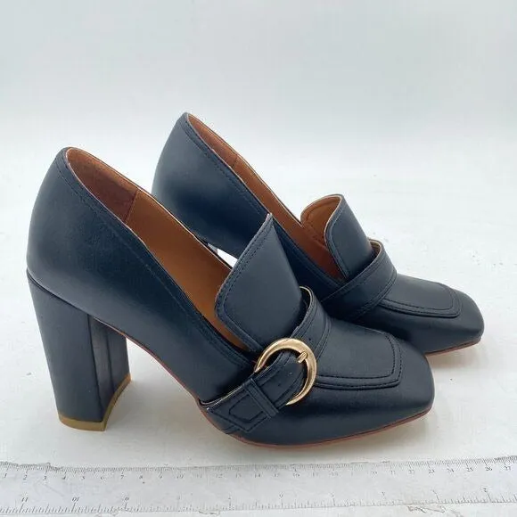 YDN Black Chunky High Heels Square Toe Loafer Shoes Slip On Office Pumps Buckle