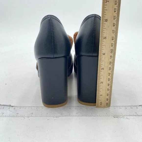 YDN Black Chunky High Heels Square Toe Loafer Shoes Slip On Office Pumps Buckle