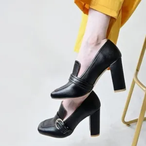 YDN Black Chunky High Heels Square Toe Loafer Shoes Slip On Office Pumps Buckle