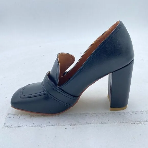 YDN Black Chunky High Heels Square Toe Loafer Shoes Slip On Office Pumps Buckle