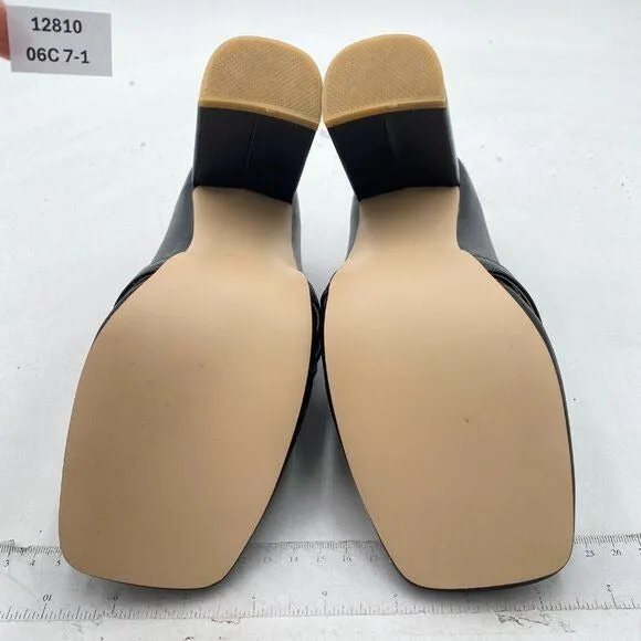 YDN Black Chunky High Heels Square Toe Loafer Shoes Slip On Office Pumps Buckle