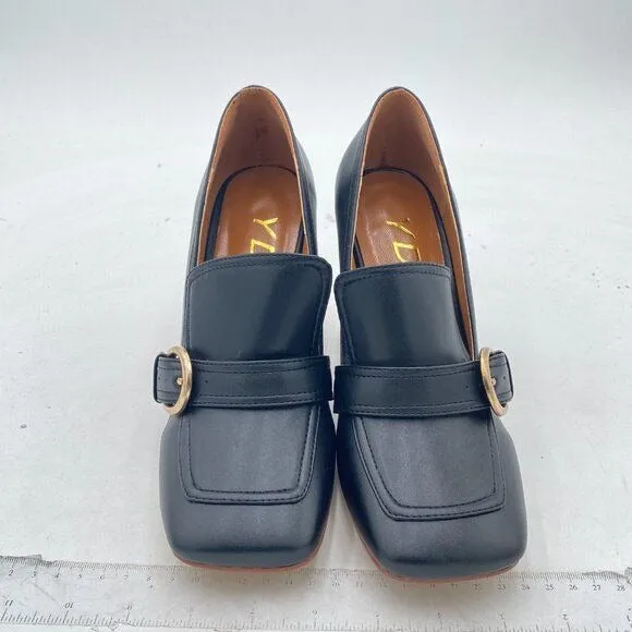 YDN Black Chunky High Heels Square Toe Loafer Shoes Slip On Office Pumps Buckle