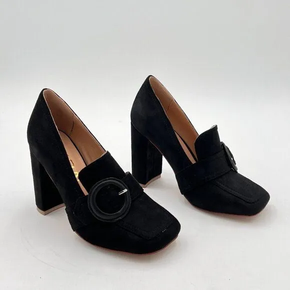 YDN Black Chunky High Heels Square Toe Loafer Shoes Slip On Suede Buckle Pump