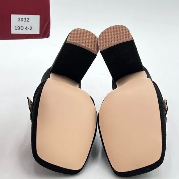 YDN Black Chunky High Heels Square Toe Loafer Shoes Slip On Suede Buckle Pump