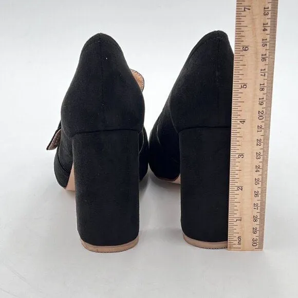 YDN Black Chunky High Heels Square Toe Loafer Shoes Slip On Suede Buckle Pump