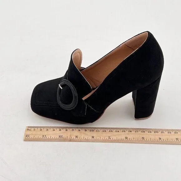 YDN Black Chunky High Heels Square Toe Loafer Shoes Slip On Suede Buckle Pump