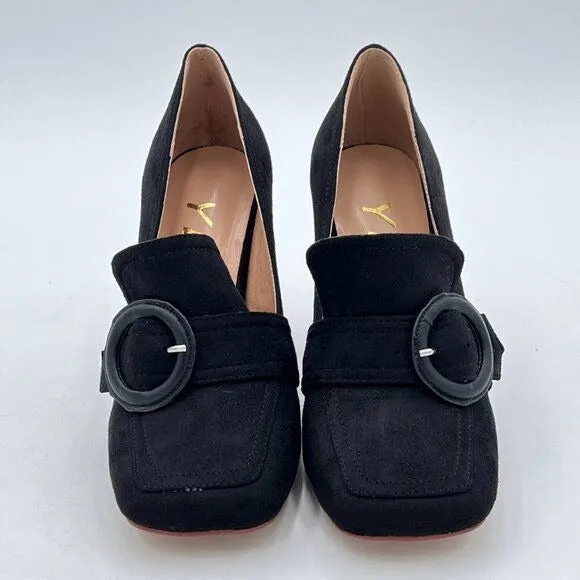 YDN Black Chunky High Heels Square Toe Loafer Shoes Slip On Suede Buckle Pump
