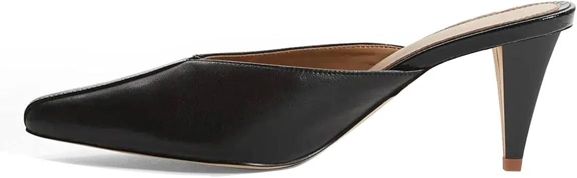 YDN Women's Cone Heel Pointed Toe Slide Mules Slip on V Cut Leather Slide Sandals Clog Dress Shoe Size 4-15 US