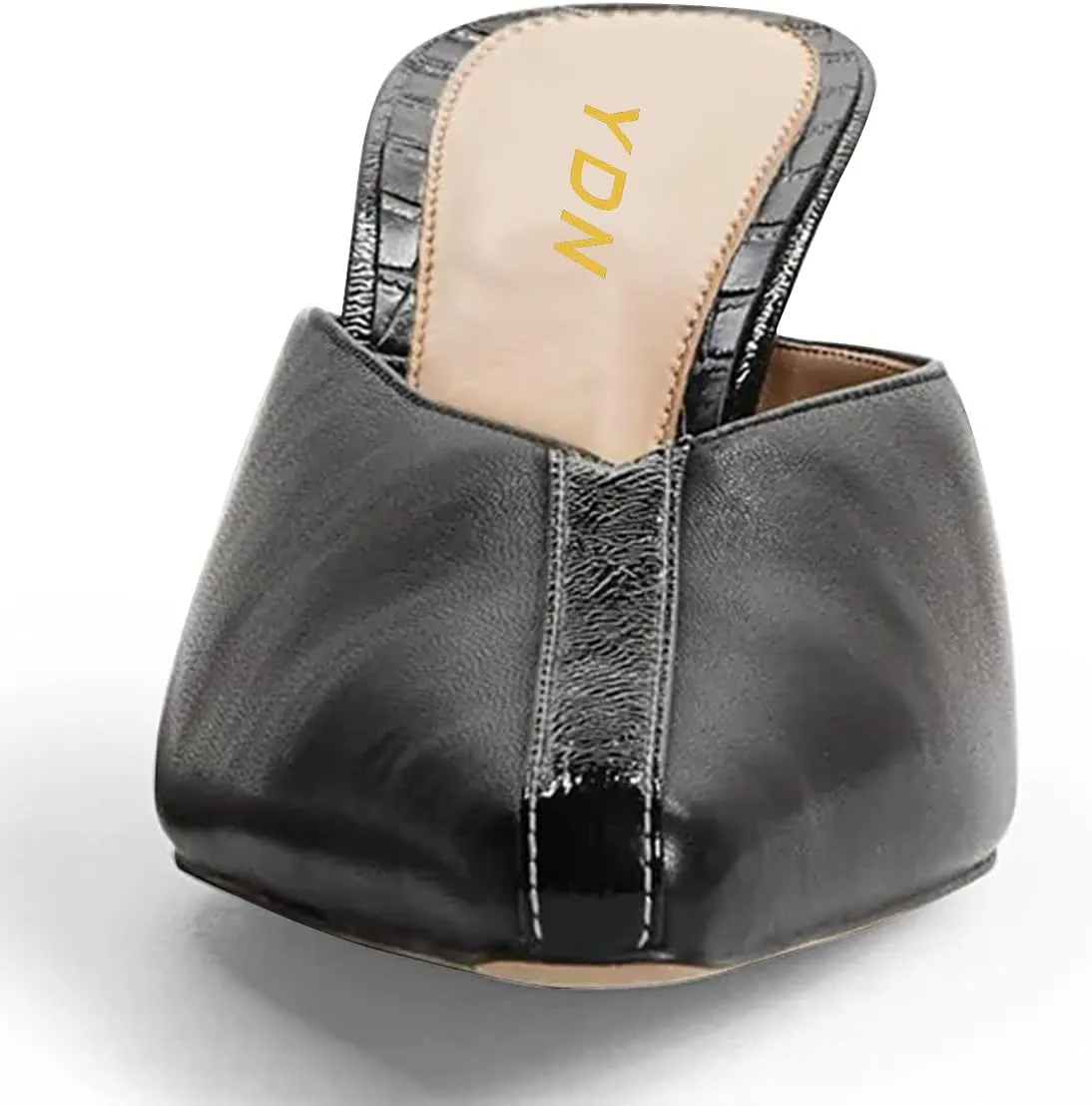 YDN Women's Cone Heel Pointed Toe Slide Mules Slip on V Cut Leather Slide Sandals Clog Dress Shoe Size 4-15 US