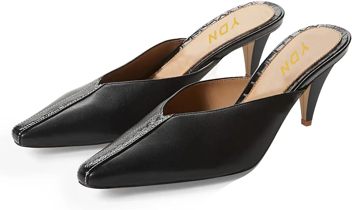 YDN Women's Cone Heel Pointed Toe Slide Mules Slip on V Cut Leather Slide Sandals Clog Dress Shoe Size 4-15 US