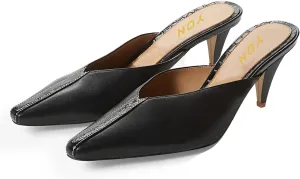 YDN Women's Cone Heel Pointed Toe Slide Mules Slip on V Cut Leather Slide Sandals Clog Dress Shoe Size 4-15 US