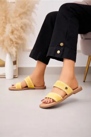 YELLOW DOUBLE STRAP FLAT SLIP ON SLIDE SANDALS