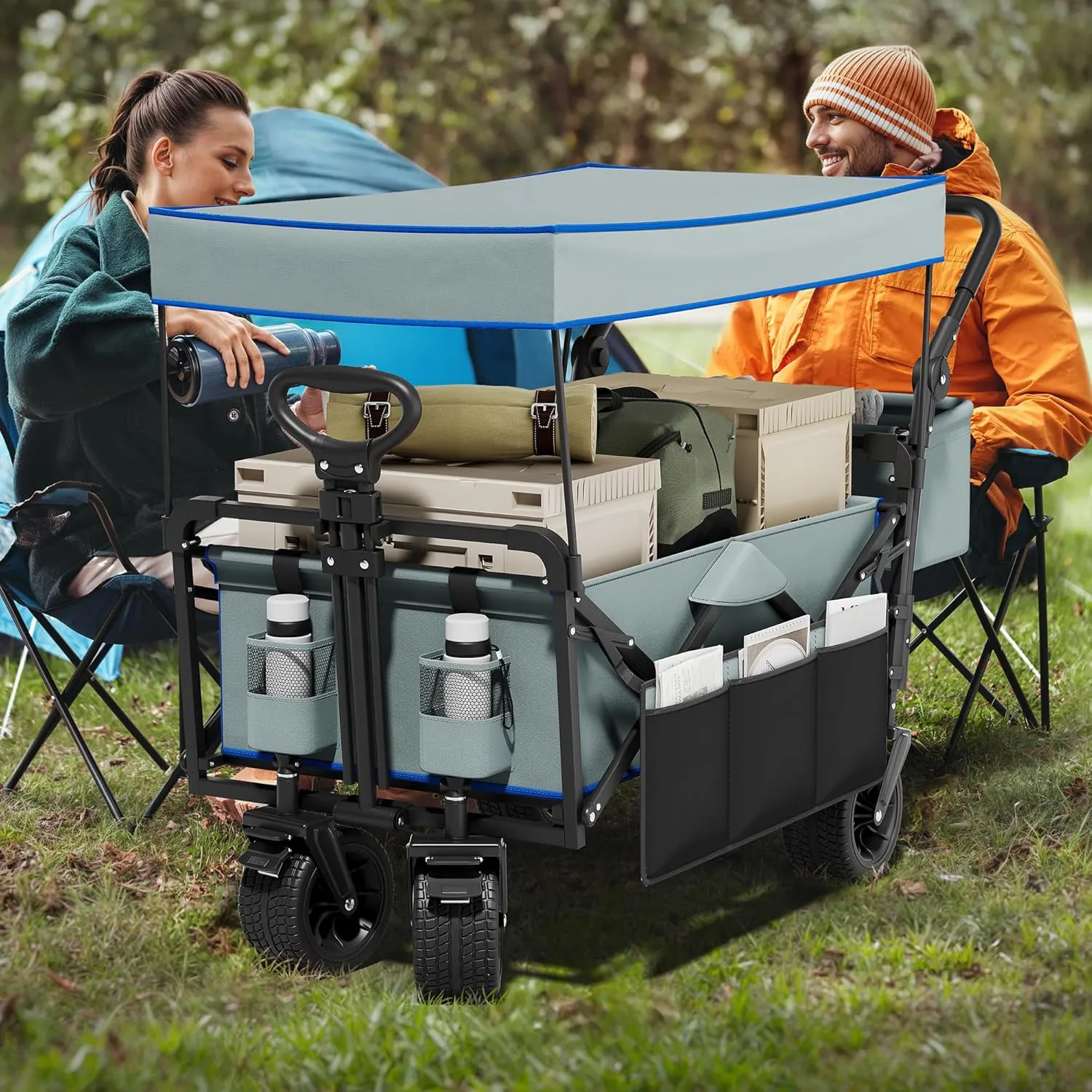 YITAHOME Large Collapsible Wagon w/Removable Canopy, Heavy Duty Outdoor Folding Wagon Cart w/Adjustable Handles and Flexible Swivel Wheels Utility Wagon for Camping, Shopping, Sports, Beach - Grey