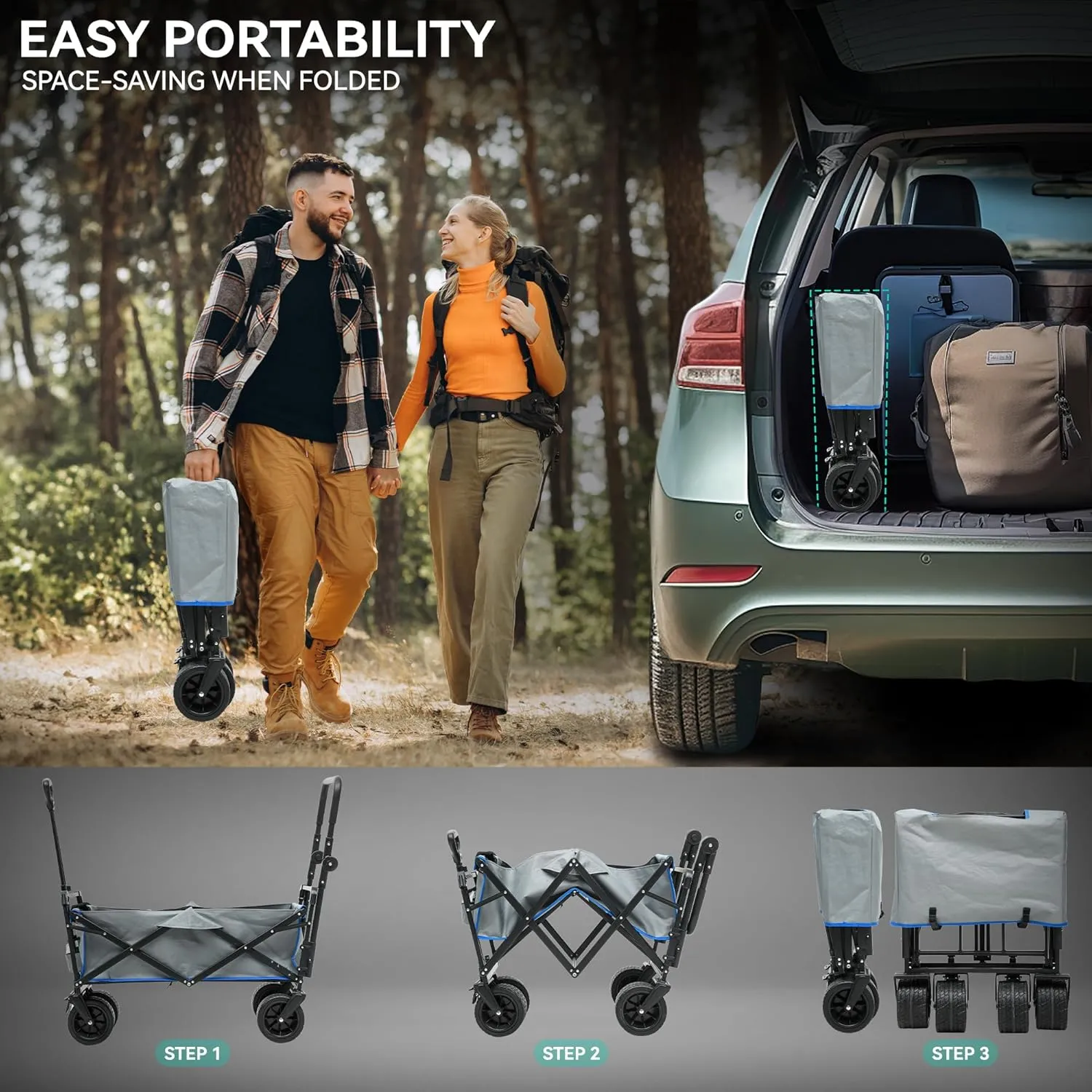 YITAHOME Large Collapsible Wagon w/Removable Canopy, Heavy Duty Outdoor Folding Wagon Cart w/Adjustable Handles and Flexible Swivel Wheels Utility Wagon for Camping, Shopping, Sports, Beach - Grey
