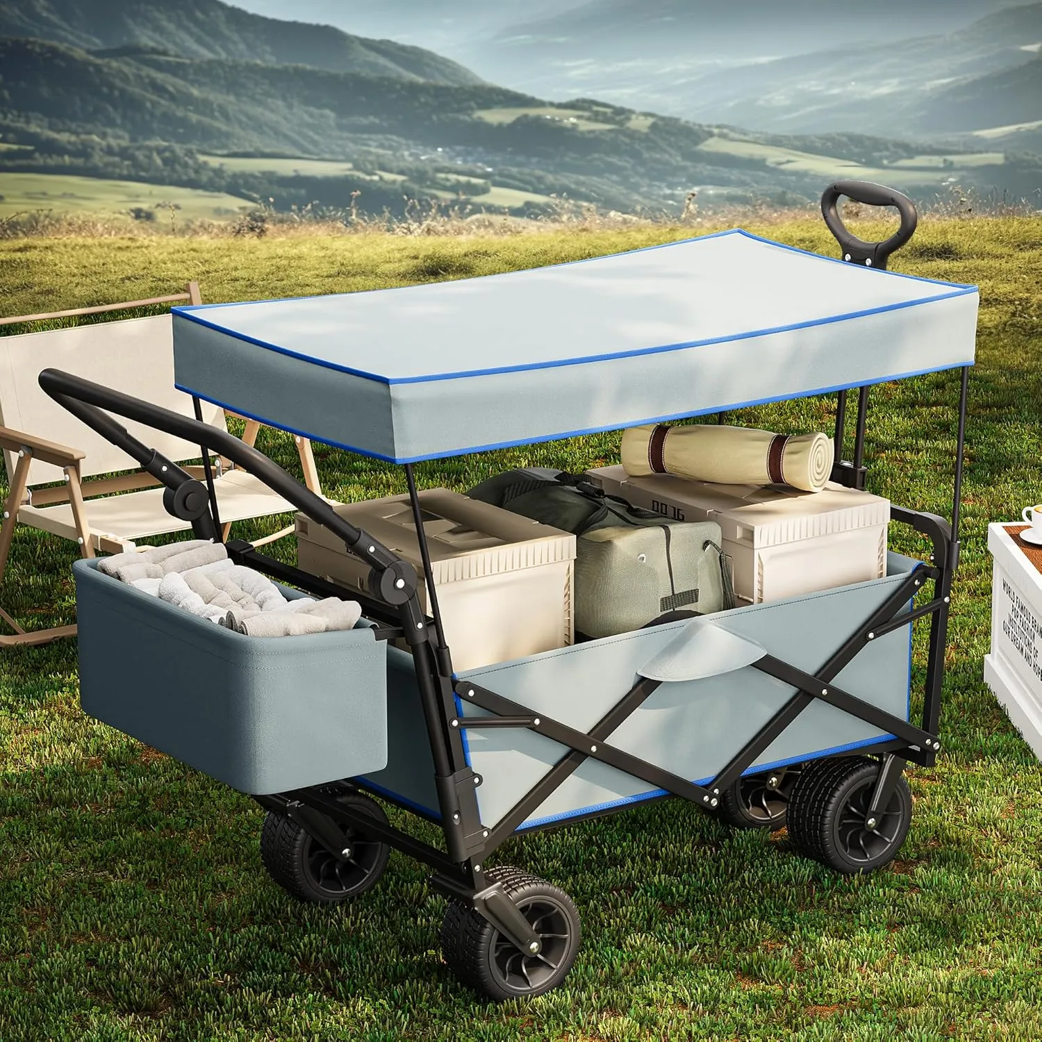 YITAHOME Large Collapsible Wagon w/Removable Canopy, Heavy Duty Outdoor Folding Wagon Cart w/Adjustable Handles and Flexible Swivel Wheels Utility Wagon for Camping, Shopping, Sports, Beach - Grey