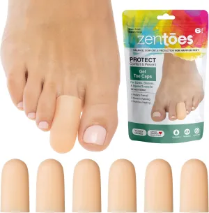 ZenToes 6 Pack Gel Toe Cap and Protector - Cushions and Protects to Provide Relief from Missing or Ingrown Toenails, Corns, Blisters, Hammer Toes (Small, Beige)
